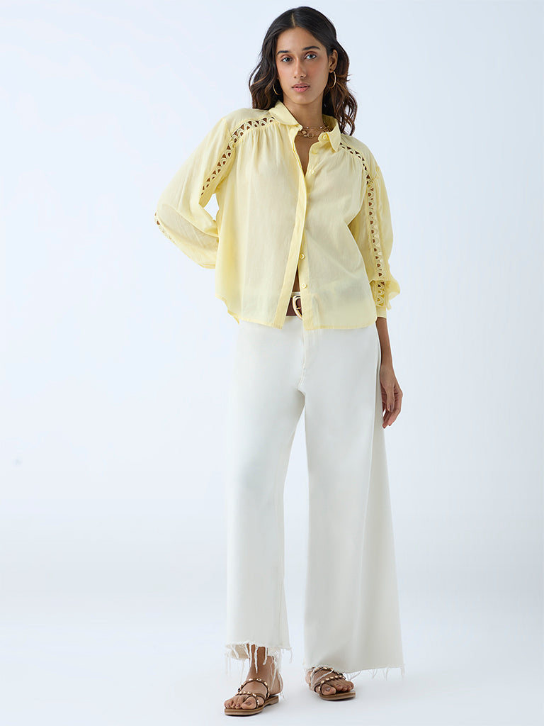 LOV Light Yellow Lace Detailed Cotton Shirt - Image 2