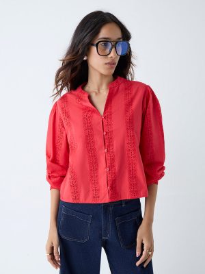 LOV Red Schiffli Detailed Cotton Blouse