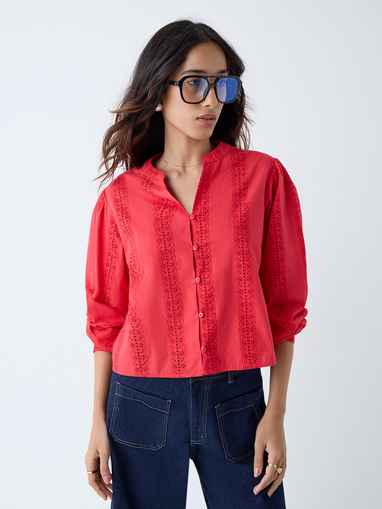 LOV Red Schiffli Detailed Cotton Blouse