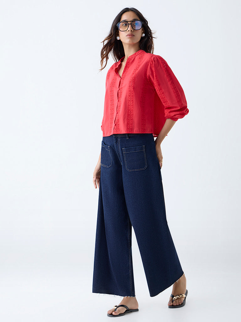 LOV Red Schiffli Detailed Cotton Blouse - Image 2