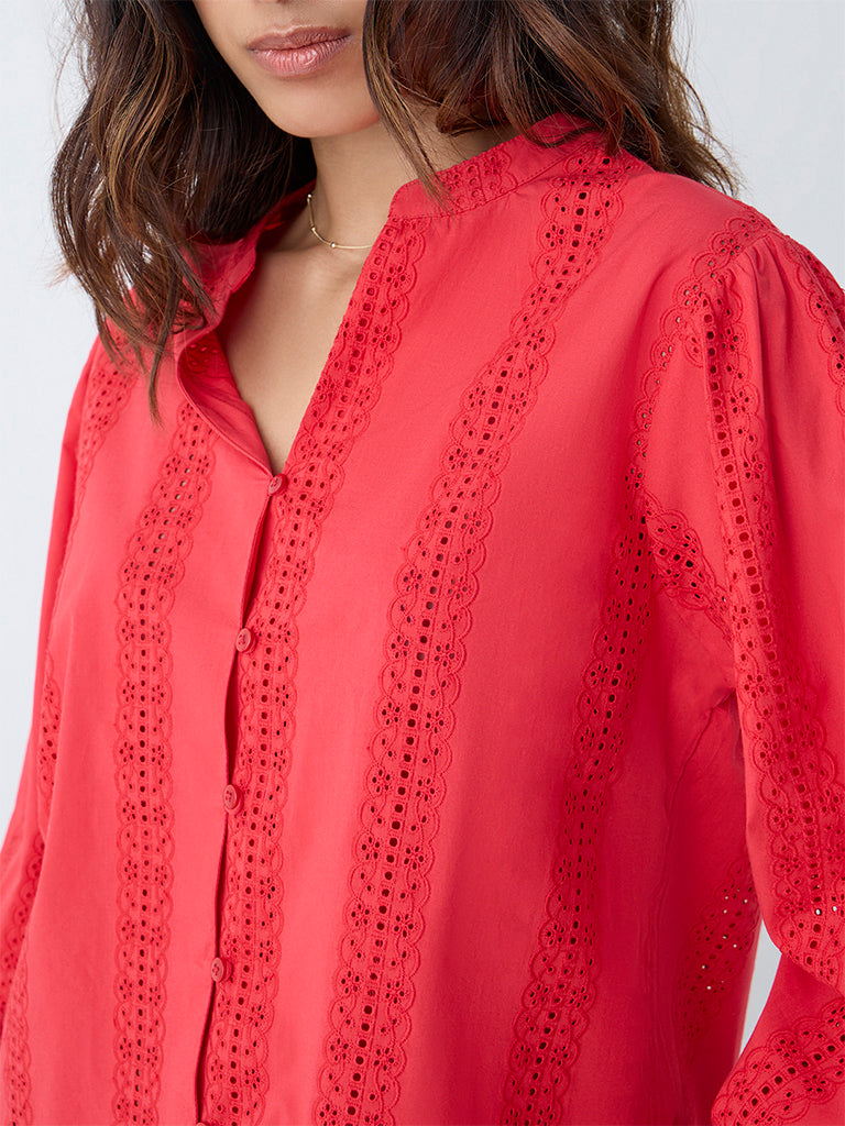 LOV Red Schiffli Detailed Cotton Blouse - Image 3