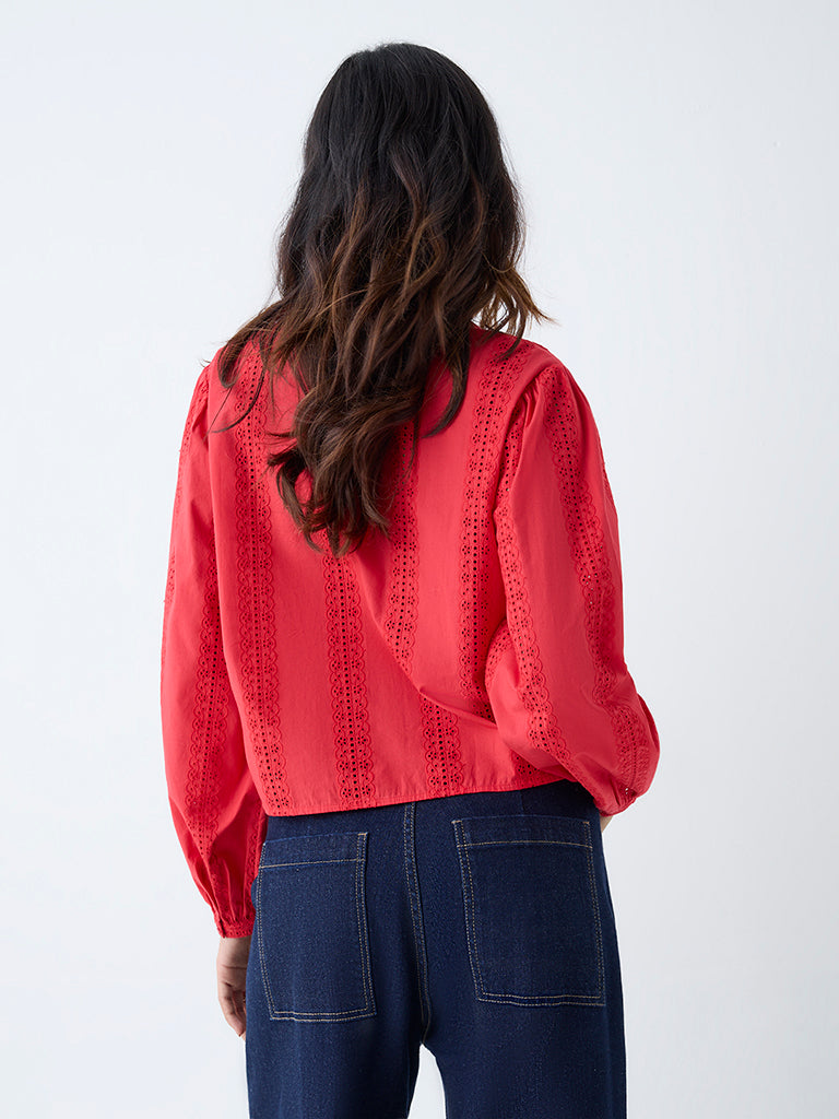 LOV Red Schiffli Detailed Cotton Blouse - Image 4