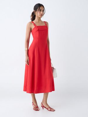 LOV Red Solid A-Line Dress