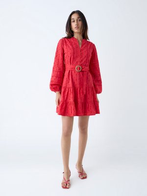 LOV Red Schiffli Detailed Tiered Cotton Dress with Belt