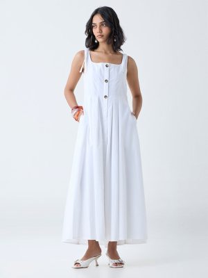 LOV White Solid Cotton A-Line Dress