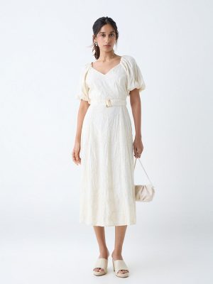 LOV Off-White Embroidered Cotton A-Line Dress with Belt