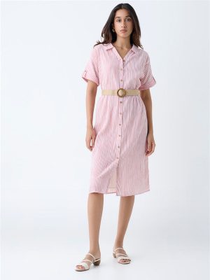 LOV Red Striped Cotton Shirt Dress with Belt