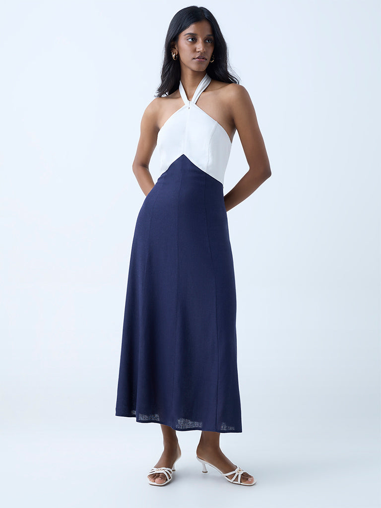 LOV Navy Colour-Blocked Halter Neck A-Line Dress - Image 2