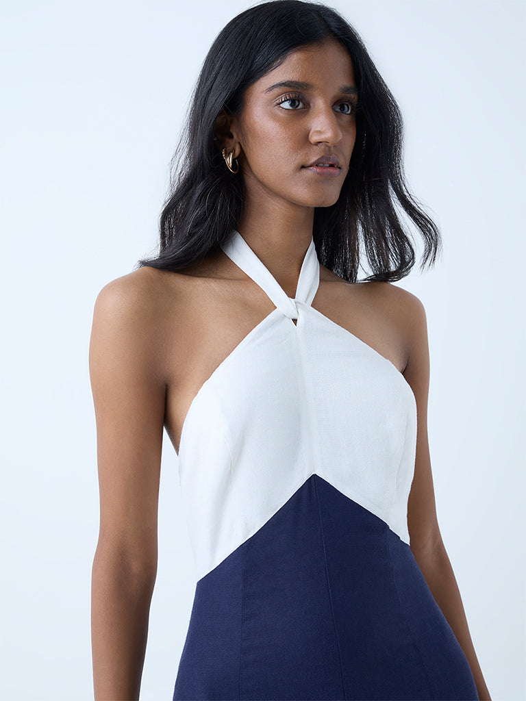 LOV Navy Colour-Blocked Halter Neck A-Line Dress - Image 3