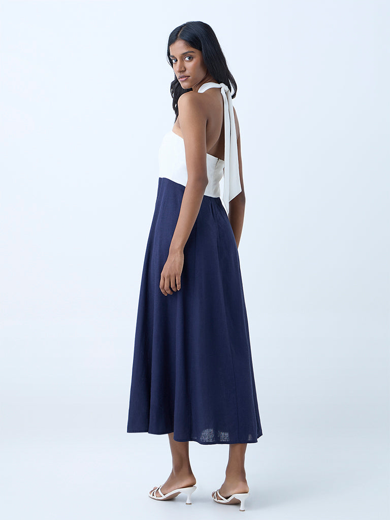 LOV Navy Colour-Blocked Halter Neck A-Line Dress - Image 4