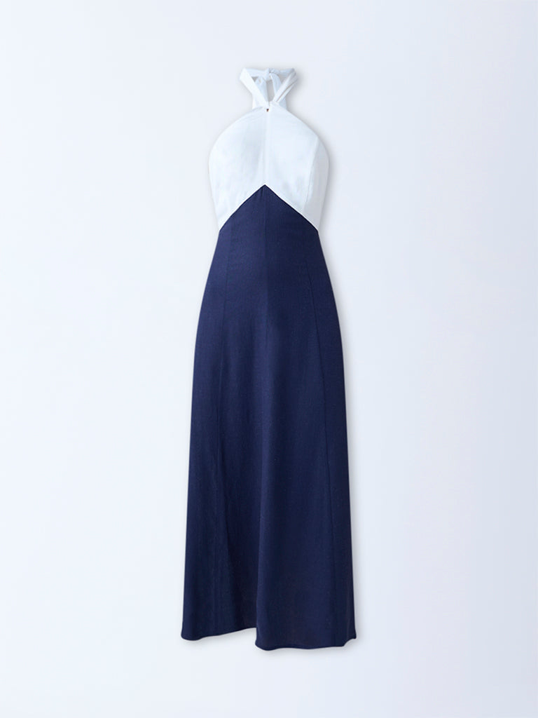 LOV Navy Colour-Blocked Halter Neck A-Line Dress - Image 5