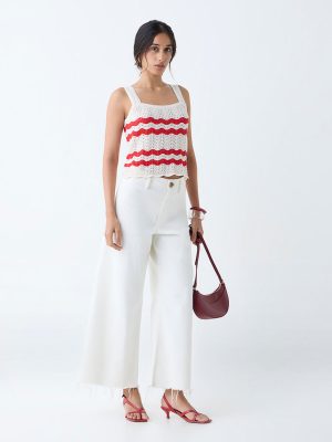 LOV White Knit-Textured Cotton-Blend Top