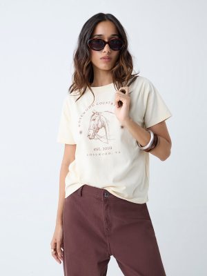 LOV Light Yellow Printed Cotton T-Shirt