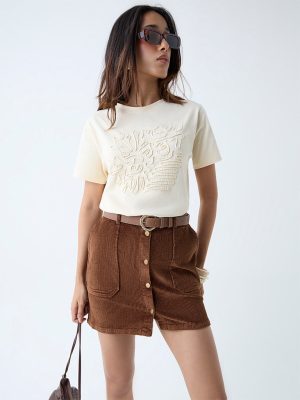 LOV Light Yellow Embroidered Cotton T-Shirt