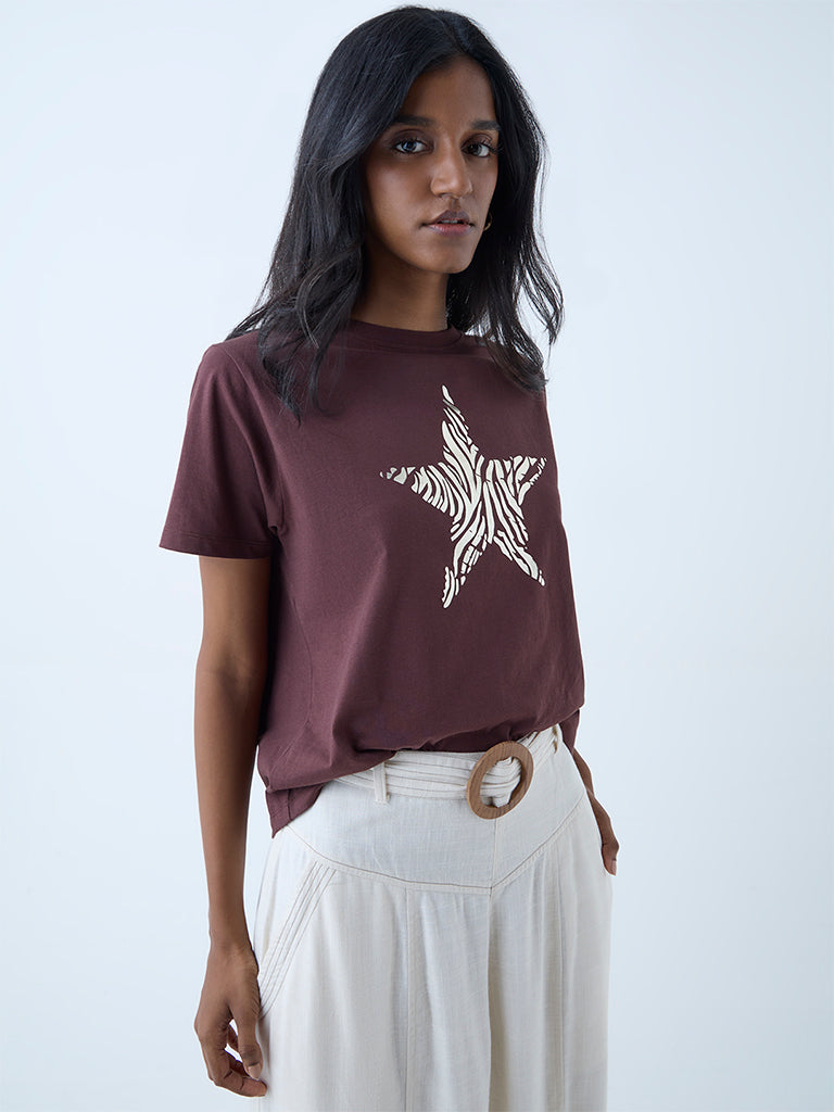LOV Dark Brown Printed Cotton T-Shirt