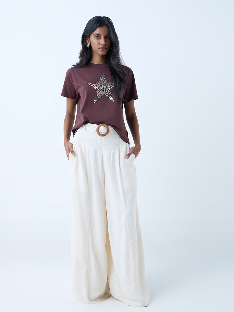 LOV Dark Brown Printed Cotton T-Shirt - Image 2