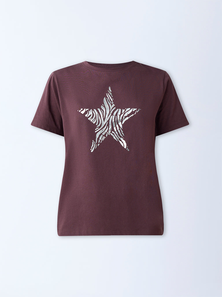 LOV Dark Brown Printed Cotton T-Shirt - Image 5