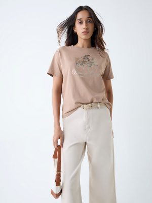 LOV Beige Printed Cotton T-Shirt