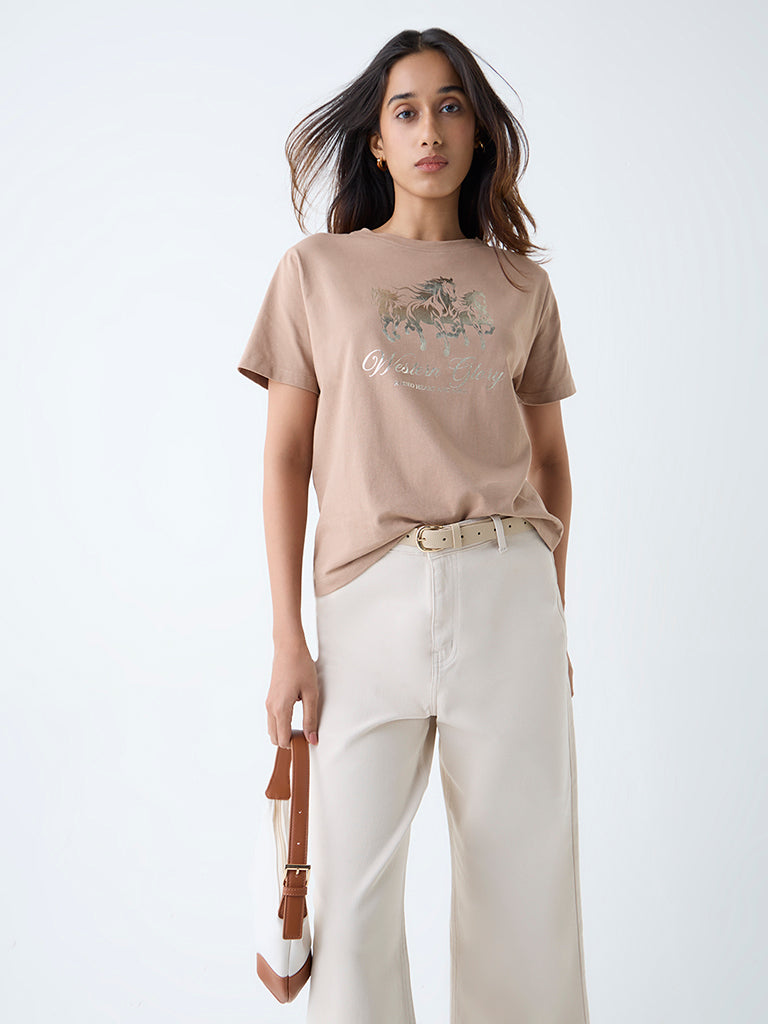 LOV Beige Printed Cotton T-Shirt
