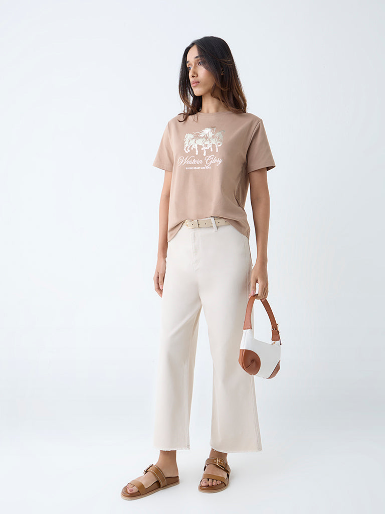 LOV Beige Printed Cotton T-Shirt - Image 2