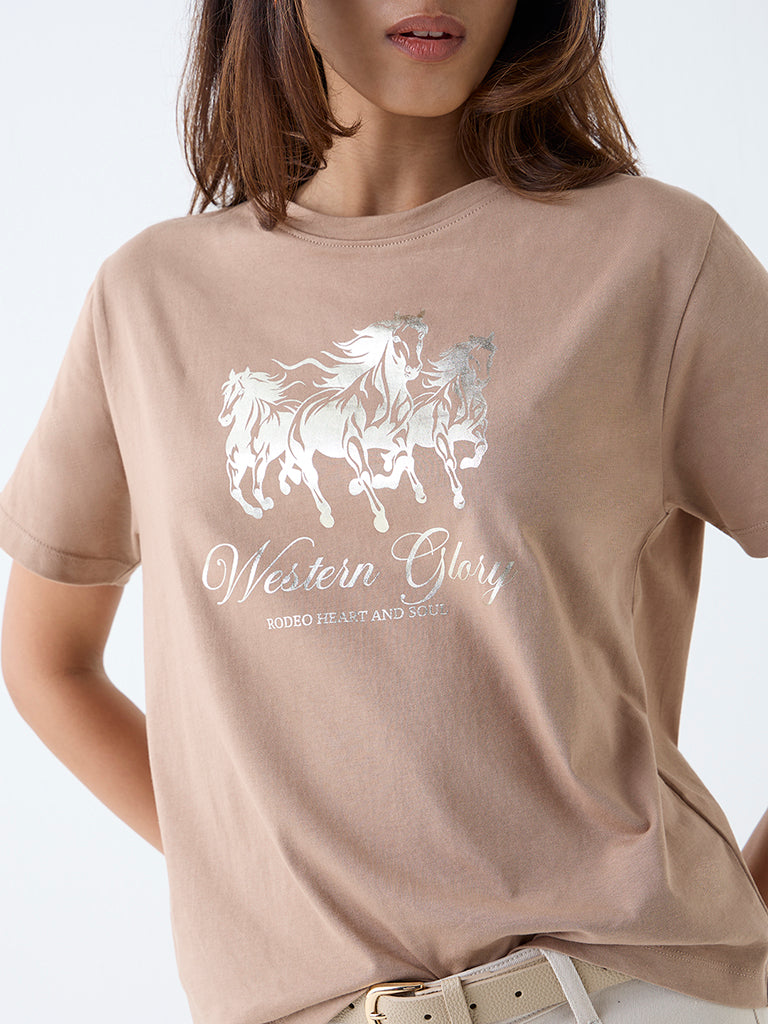 LOV Beige Printed Cotton T-Shirt - Image 3