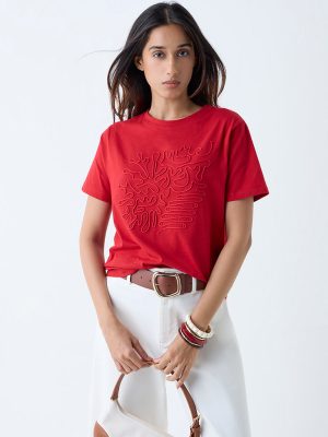 LOV Red Embroidered Cotton T-Shirt