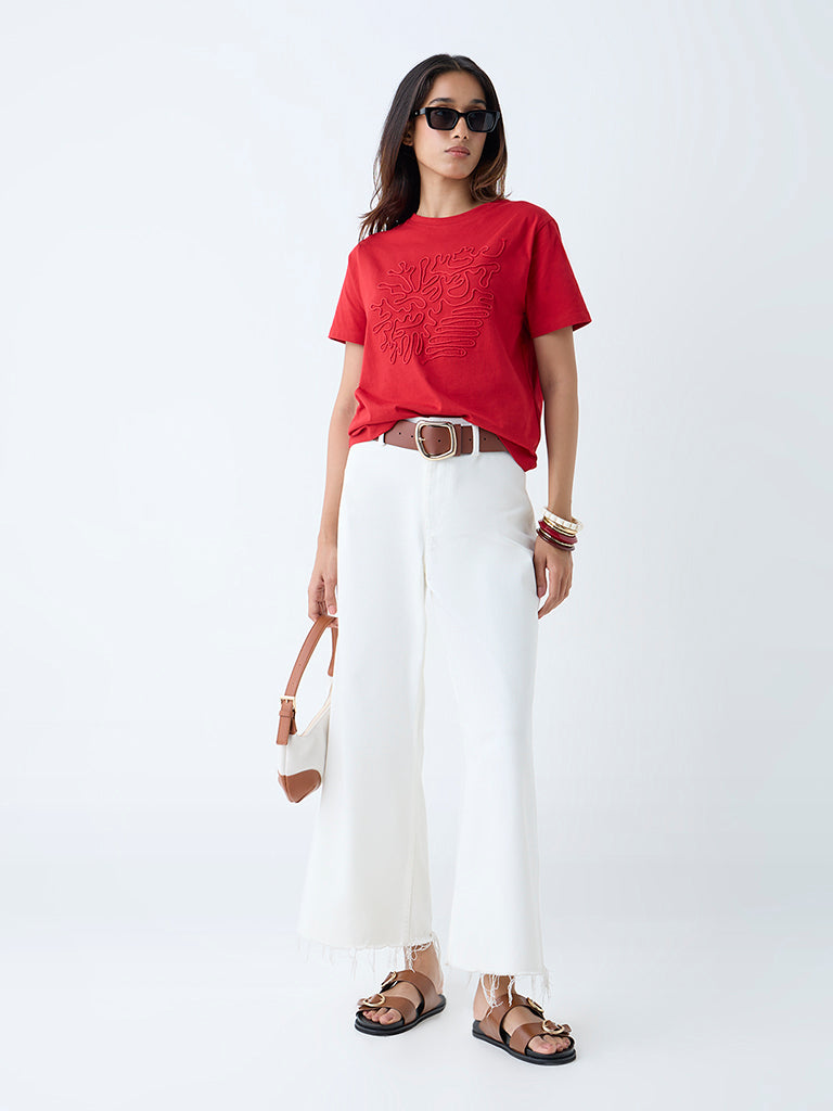 LOV Red Embroidered Cotton T-Shirt - Image 2