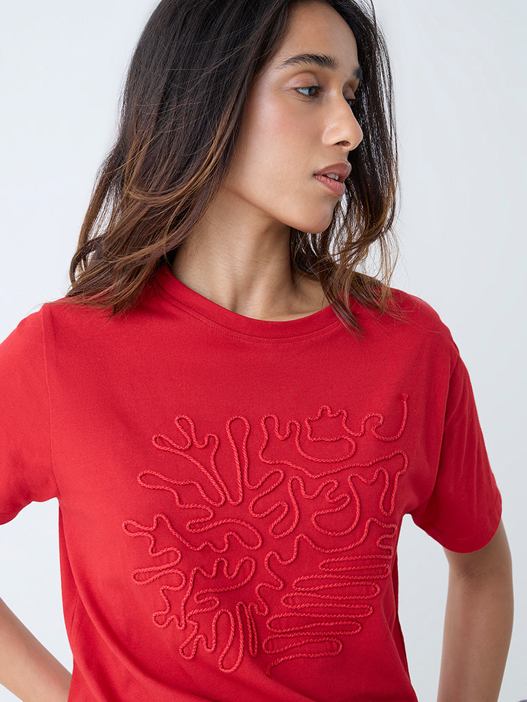 LOV Red Embroidered Cotton T-Shirt - Image 3