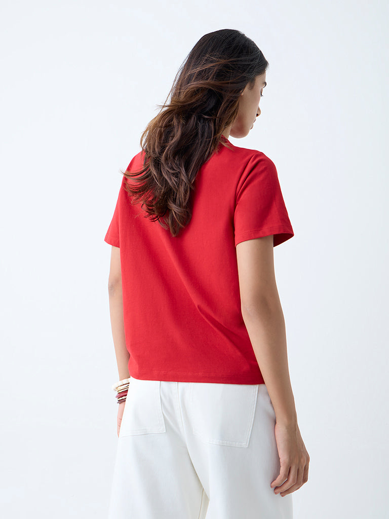 LOV Red Embroidered Cotton T-Shirt - Image 4