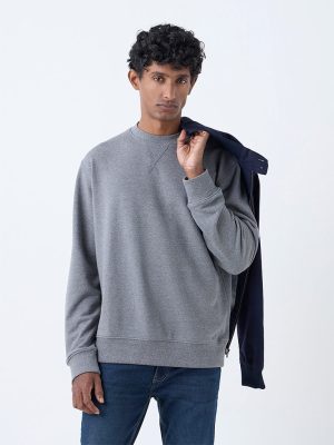 WES Casuals Grey Solid Relaxed-Fit Cotton-Blend Sweatshirt