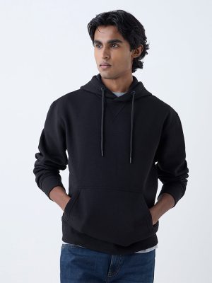 WES Casuals Black Solid Relaxed-Fit Cotton-Blend Hoodie