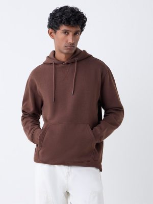 WES Casuals Brown Solid Relaxed-Fit Cotton-Blend Hoodie