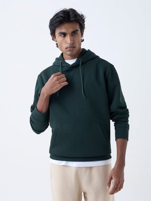 WES Casuals Green Solid Relaxed-Fit Cotton-Blend Hoodie