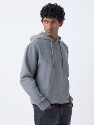 WES Casuals Light Grey Solid Relaxed-Fit Hoodie