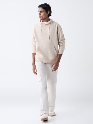 WES Casuals Beige Solid Relaxed-Fit Cotton-Blend Hoodie