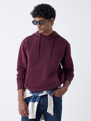 WES Casuals Wine Solid Relaxed-Fit Cotton-Blend Hoodie