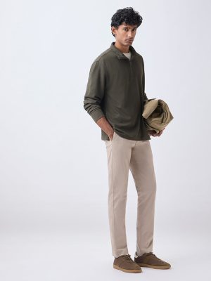 WES Casuals Taupe Slim-Fit Mid-Rise Cotton-Blend Trousers