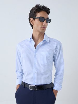 WES Formals Blue Stripe Patterned Slim-Fit Cotton Shirt