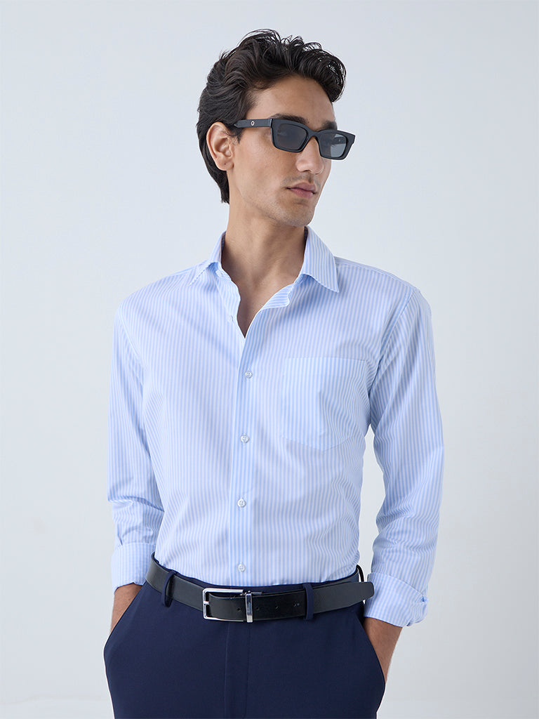 WES Formals Blue Stripe Patterned Slim-Fit Cotton Shirt