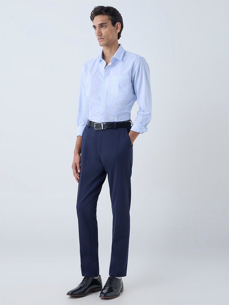 WES Formals Blue Stripe Patterned Slim-Fit Cotton Shirt - Image 2