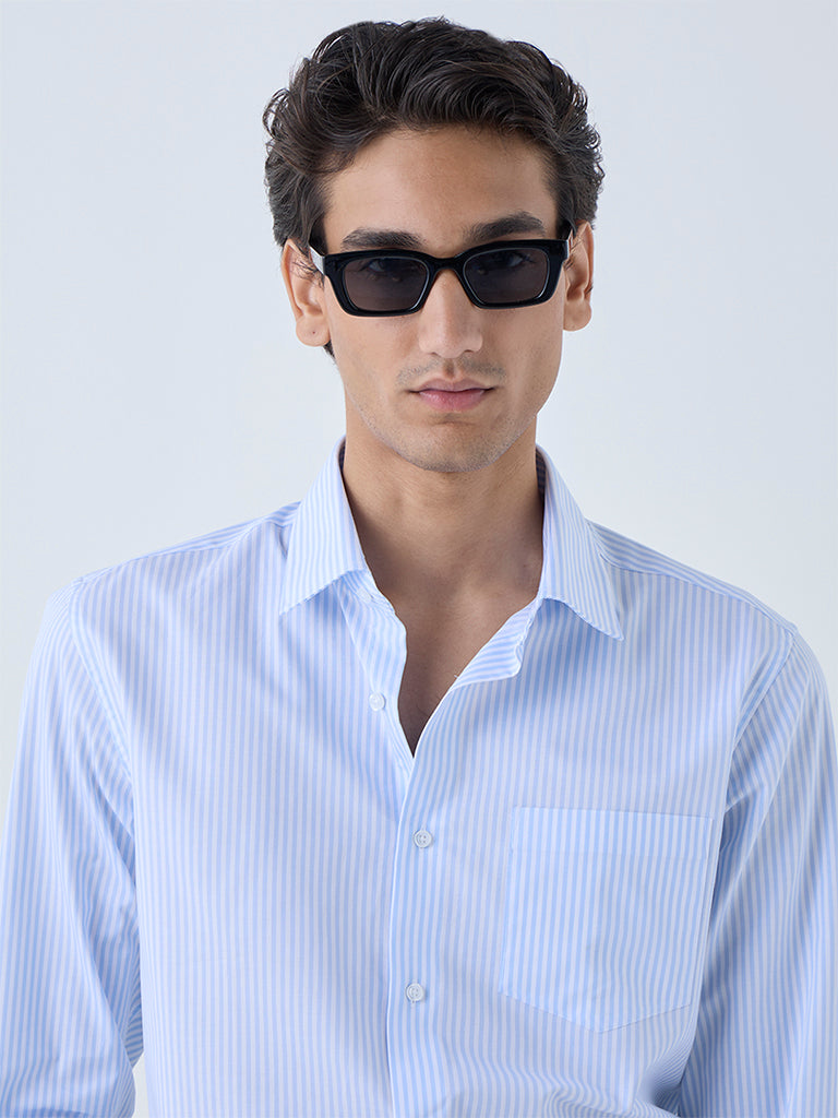 WES Formals Blue Stripe Patterned Slim-Fit Cotton Shirt - Image 3