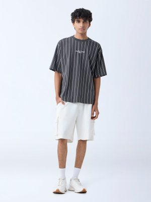 Studiofit Dark Grey Stripe Relaxed-Fit Cotton-Blend T-Shirt