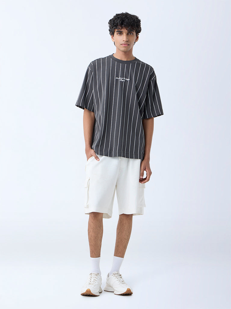 Studiofit Dark Grey Stripe Relaxed-Fit Cotton-Blend T-Shirt