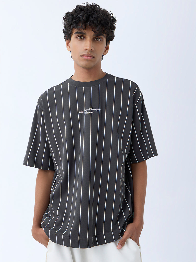 Studiofit Dark Grey Stripe Relaxed-Fit Cotton-Blend T-Shirt - Image 3