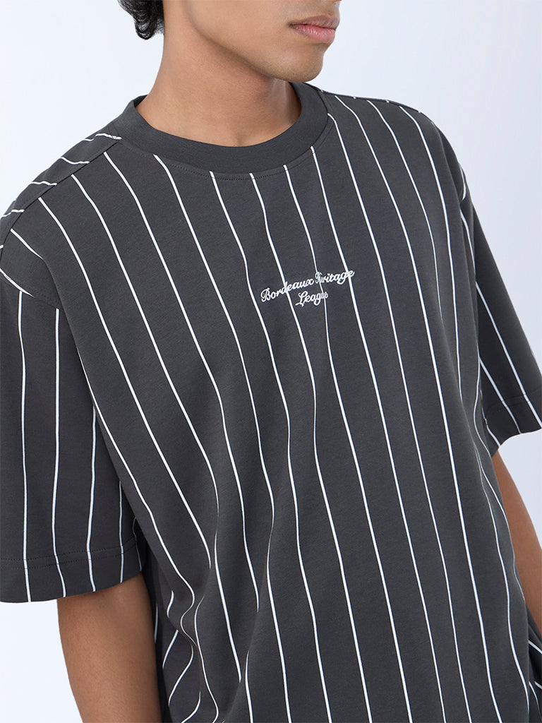 Studiofit Dark Grey Stripe Relaxed-Fit Cotton-Blend T-Shirt - Image 4