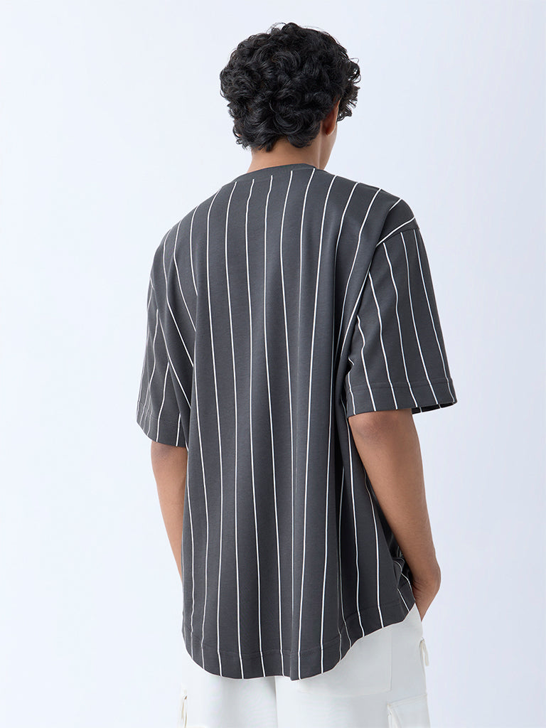 Studiofit Dark Grey Stripe Relaxed-Fit Cotton-Blend T-Shirt - Image 5