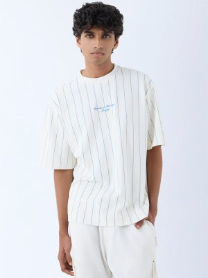 Studiofit White Striped Relaxed-Fit Cotton-Blend T-Shirt