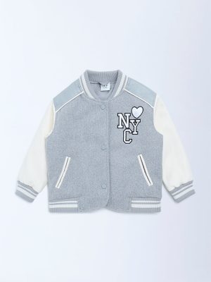 HOP Kids Grey Embroidered Cotton Varsity Jacket