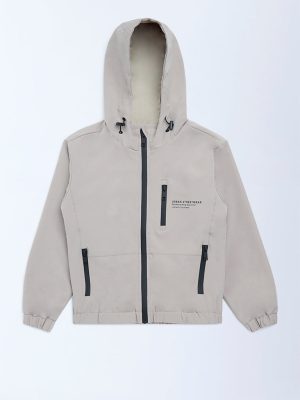 Y&F Kids Beige Text Detailed Hooded Jacket