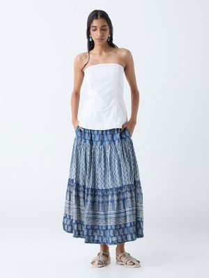 Bombay Paisley Indigo Printed Tiered Cotton Skirt